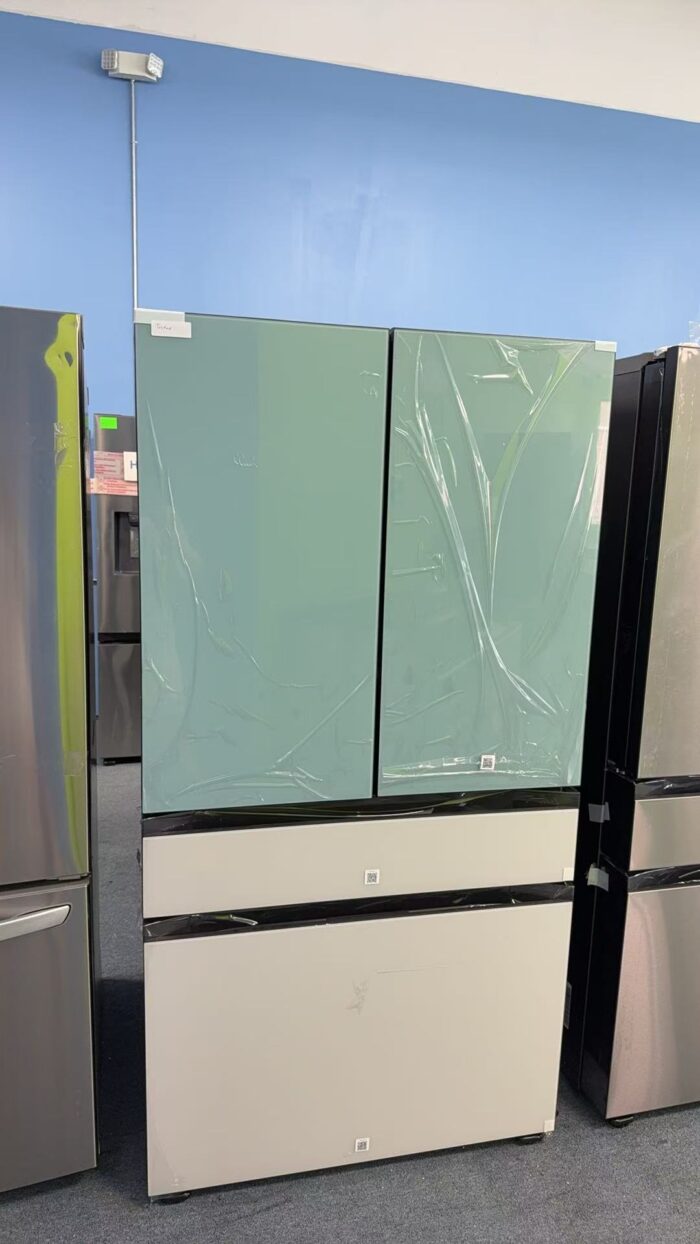 Bespoke 4-Door French Door Refrigerator (29 cu. ft.) with Beverage Center™ in Morning Blue Glass Top Panels and White Glass Middle and Bottom Panels - Image 2